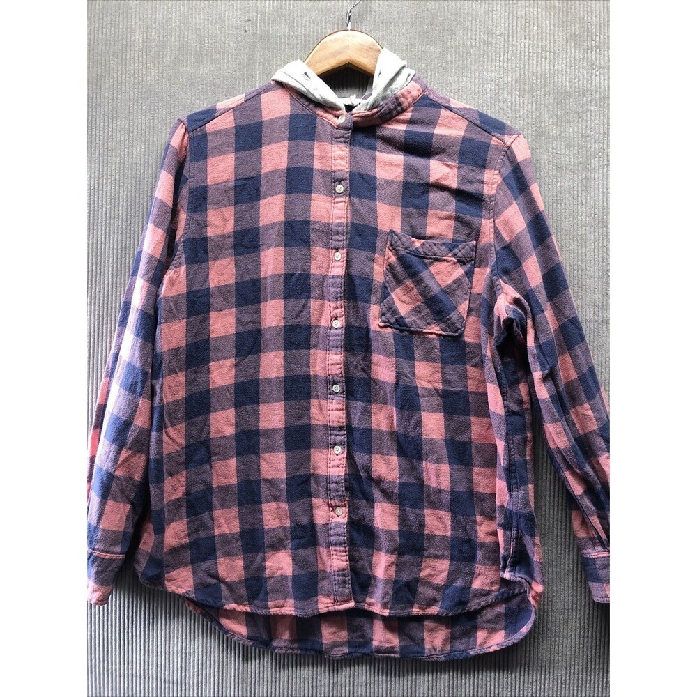 Aeropostale Women’s Flannel Shirt Hoodie Lrg Pink Blue Plaid Thrashed Grunge Y2K
